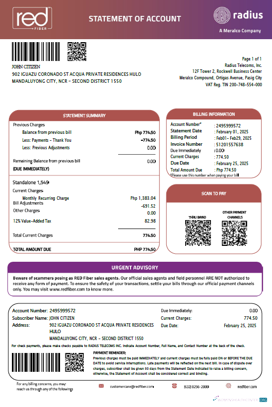 download download Philippines Red Fiber utility bill template in Word and PDF formats PDF template PDF template